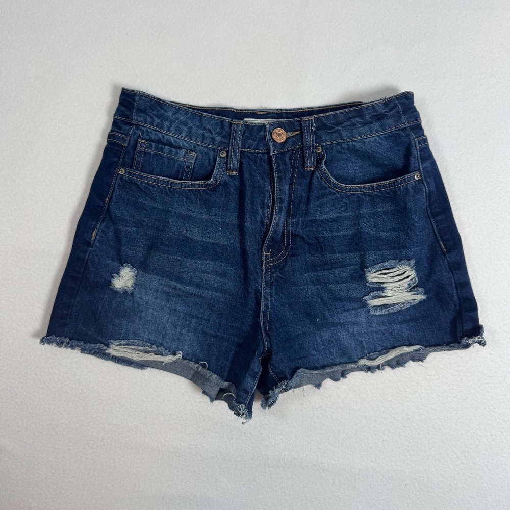 Distressed YMI Women 9/29 Denim Shorts Dark Wash Raw Hem Ripped Dream Cutoffs